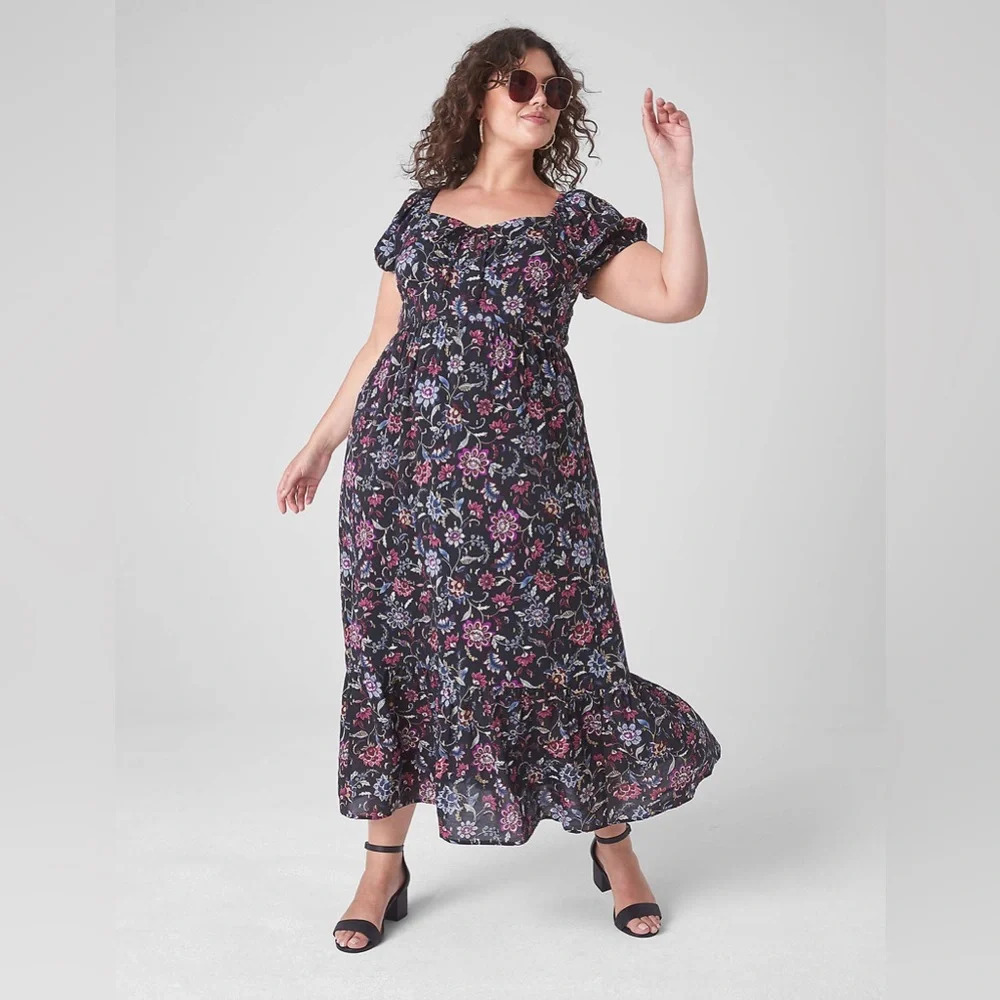 Like New! Lane Bryant Bubble-Sleeve Tie-Neck Tiered Midi Dress, Size 24